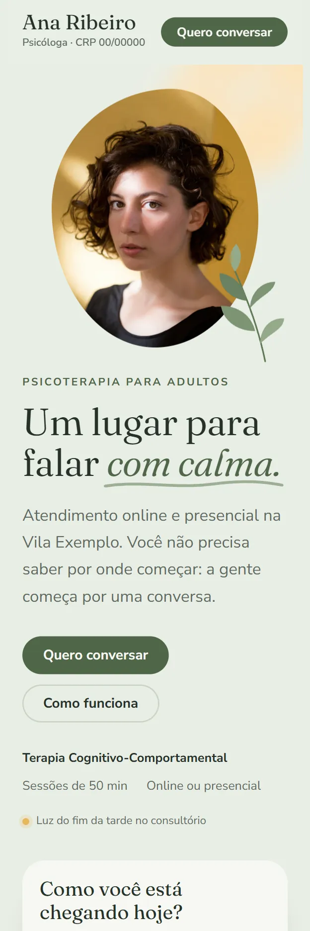 Tela do site de 1 página da psicóloga Ana Ribeiro no celular