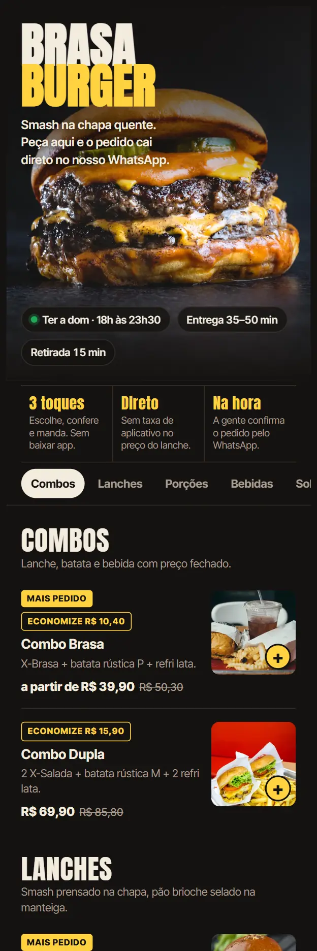 Tela do cardápio digital da Brasa Burger no celular